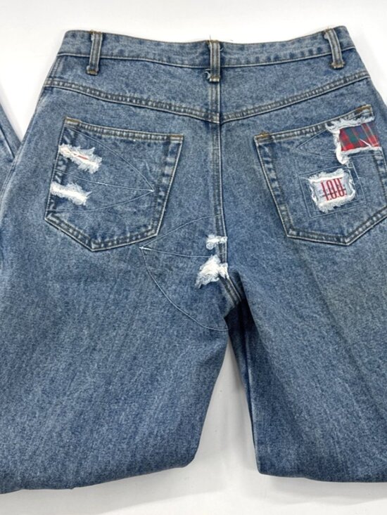 Vintage IOU  Patchwork Jeans Mens 31 Denim Distressed Stone Washed Tapered 31x32 - Picture 3 of 16